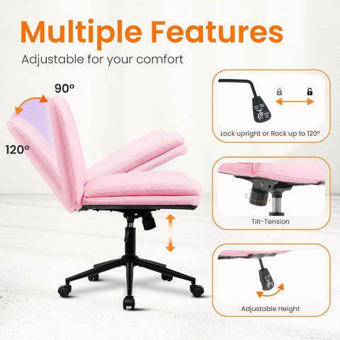 NEO CHAIR Criss Cross Chair with Wheels Armless Vanity Desk Office Wide Comfy Chair Cross Legged Adjustable Swivel Rolling Computer for Home Office PU Leather (Pink-Leather)