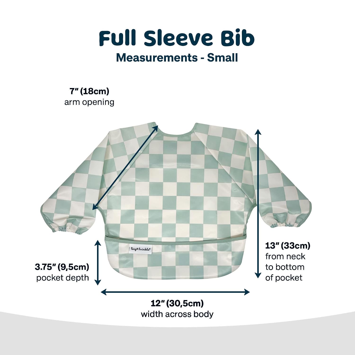 Tiny Twinkle Long Sleeve Bib for Babies & Toddlers | Waterproof Smock Bib for Eating | Machine Washable & Mess-Proof Feeding Essentials | Newborn Shower Gift (Checkers Sage, 6–24M)