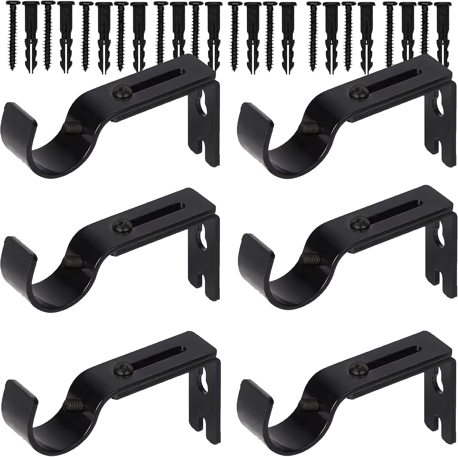 Curtain Rod Brackets for Adjustable, 6 Pack Premium Rod Bracket for Walls, Curtain Rod Holder, Drapery Rod Holders Hardware Window Curtain Rod Support Hanger for 1 Inch Rod (Black-6Pack)