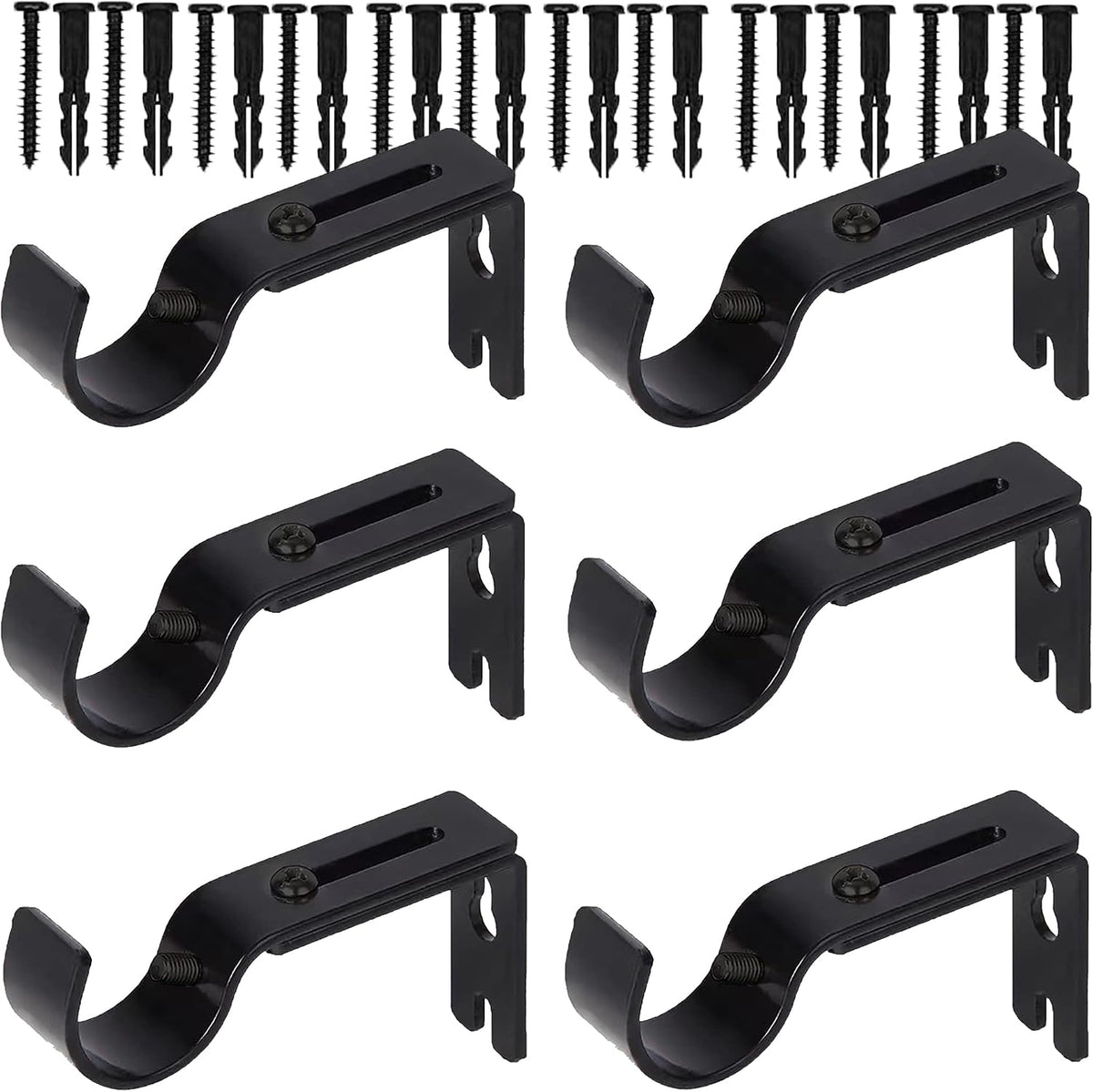 Curtain Rod Brackets for Adjustable, 6 Pack Premium Rod Bracket for Walls, Curtain Rod Holder, Drapery Rod Holders Hardware Window Curtain Rod Support Hanger for 1 Inch Rod (Black-6Pack)