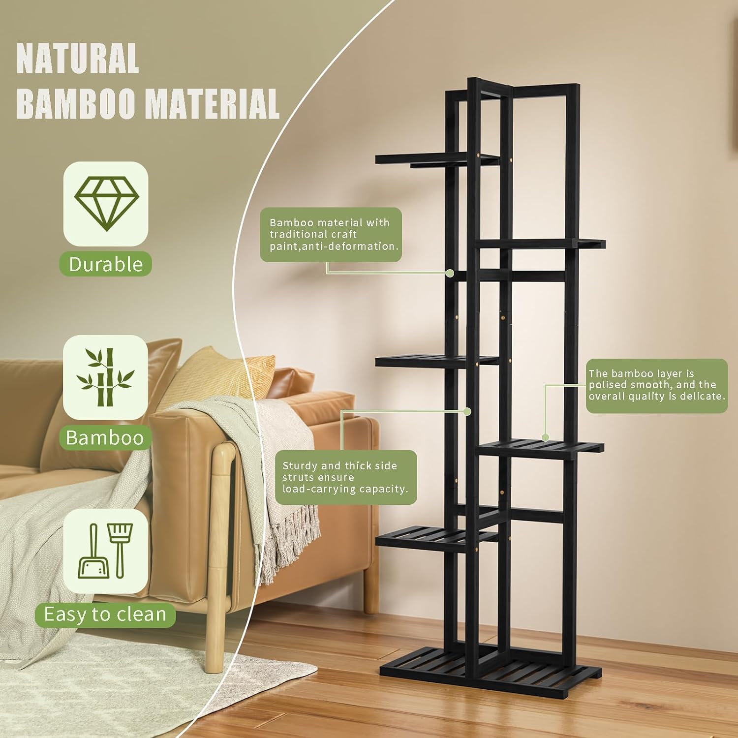 ROMGUAR CRAFT 6 Tier Bamboo Plant Stand Indoor, Tall Flower Holder, Black
