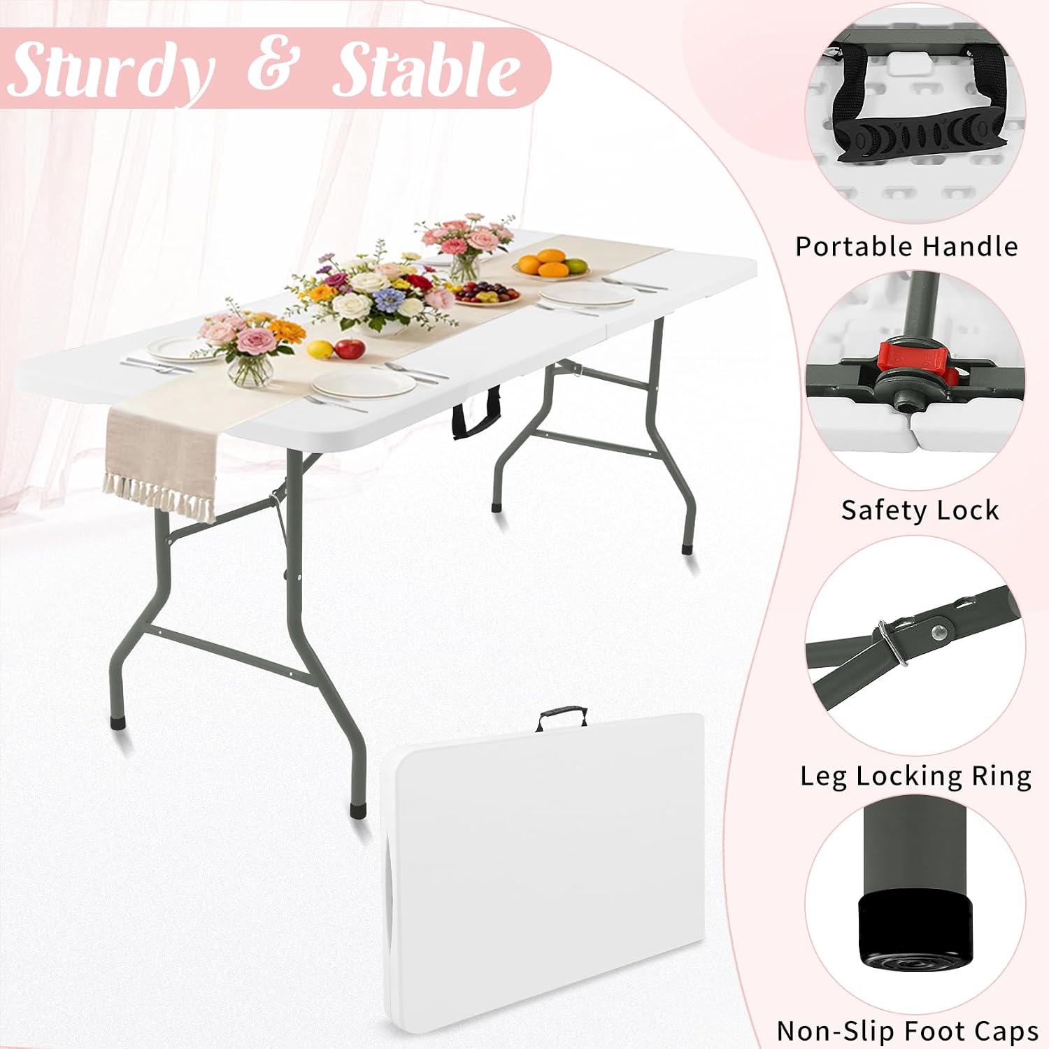 2 Pack 5 Feet Portable Folding Table White, Steel Legs Fold-in-Half with Carrying Handle Rectangular Plastic Foldable Table for Party, Wedding, Camping, Picnic, Dining, Indoor Outdoor Events (White)