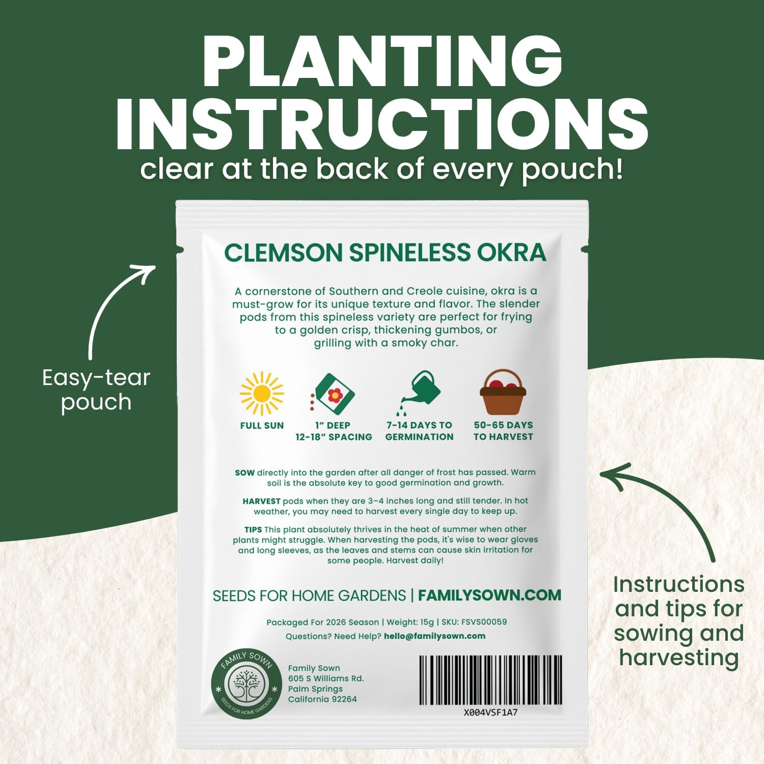 Okra Clemson Spineless – 225 Premium Seeds for Planting – High-Yield, Tender Heirloom Pods for the 2026 Season – 15 Gram Pouch