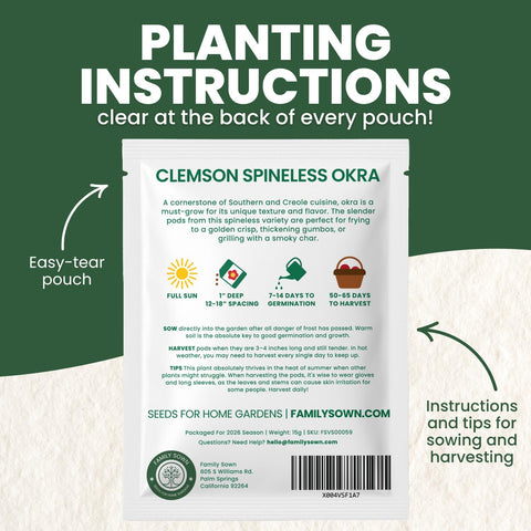 Okra Clemson Spineless – 225 Premium Seeds for Planting – High-Yield, Tender Heirloom Pods for the 2026 Season – 15 Gram Pouch