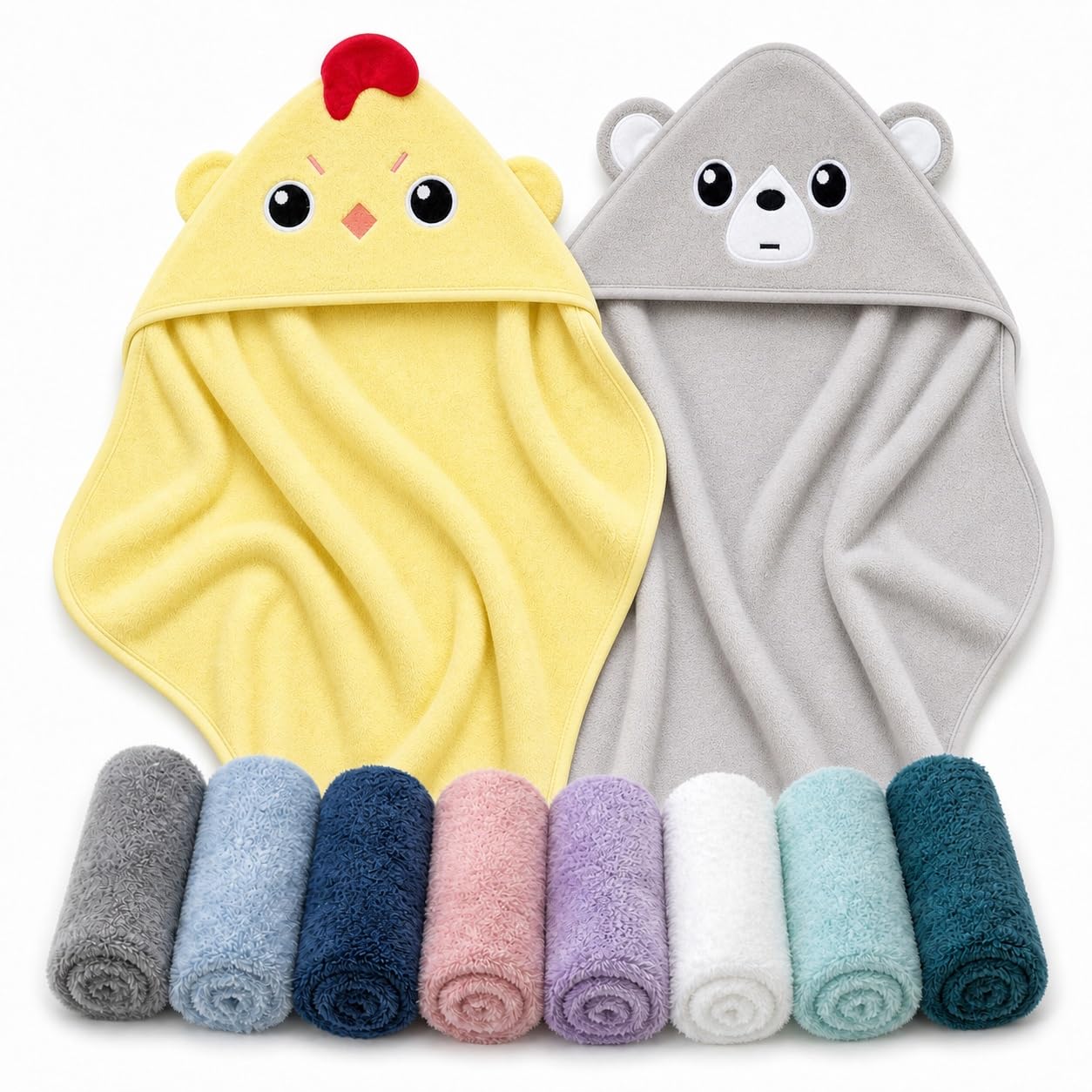 Cute Castle 2 Pack Hooded Baby Towel Rayon Made from Bamboo with 8 Washcloths - Soft Bath Towel for Bathtub for Babie, Newborn, Infant, Natural Baby Stuff Towel (Chicken and Bear)