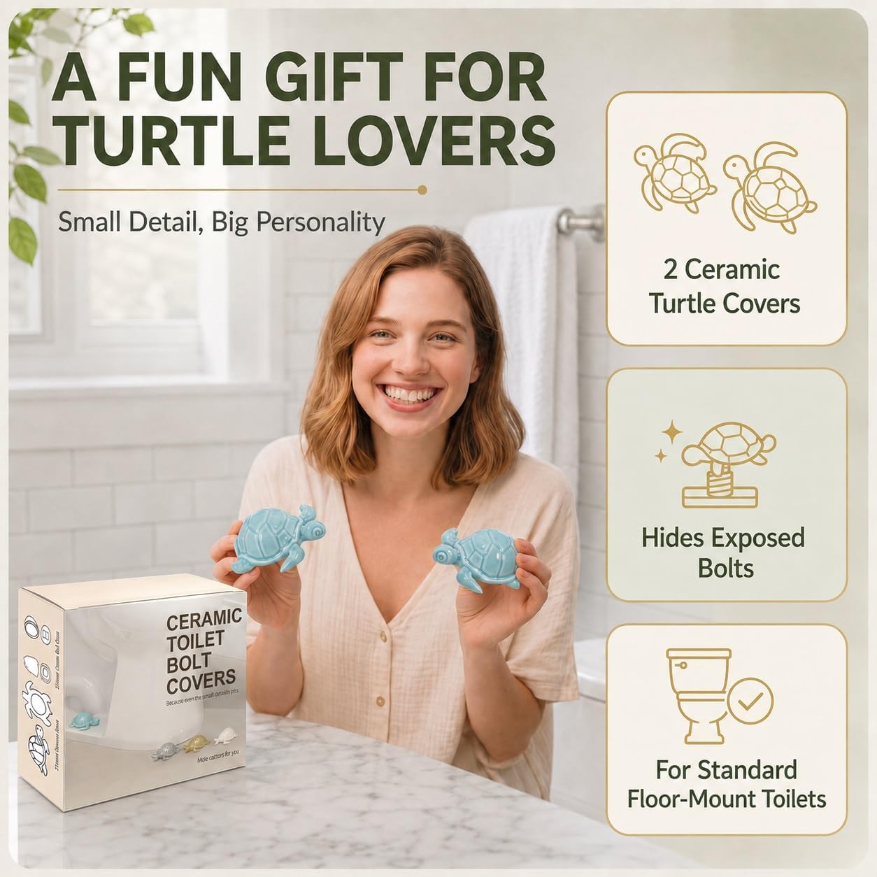 Sea Turtle Ceramic Toilet Bolt Covers Decorative Bathroom, 2 Pack, Blue