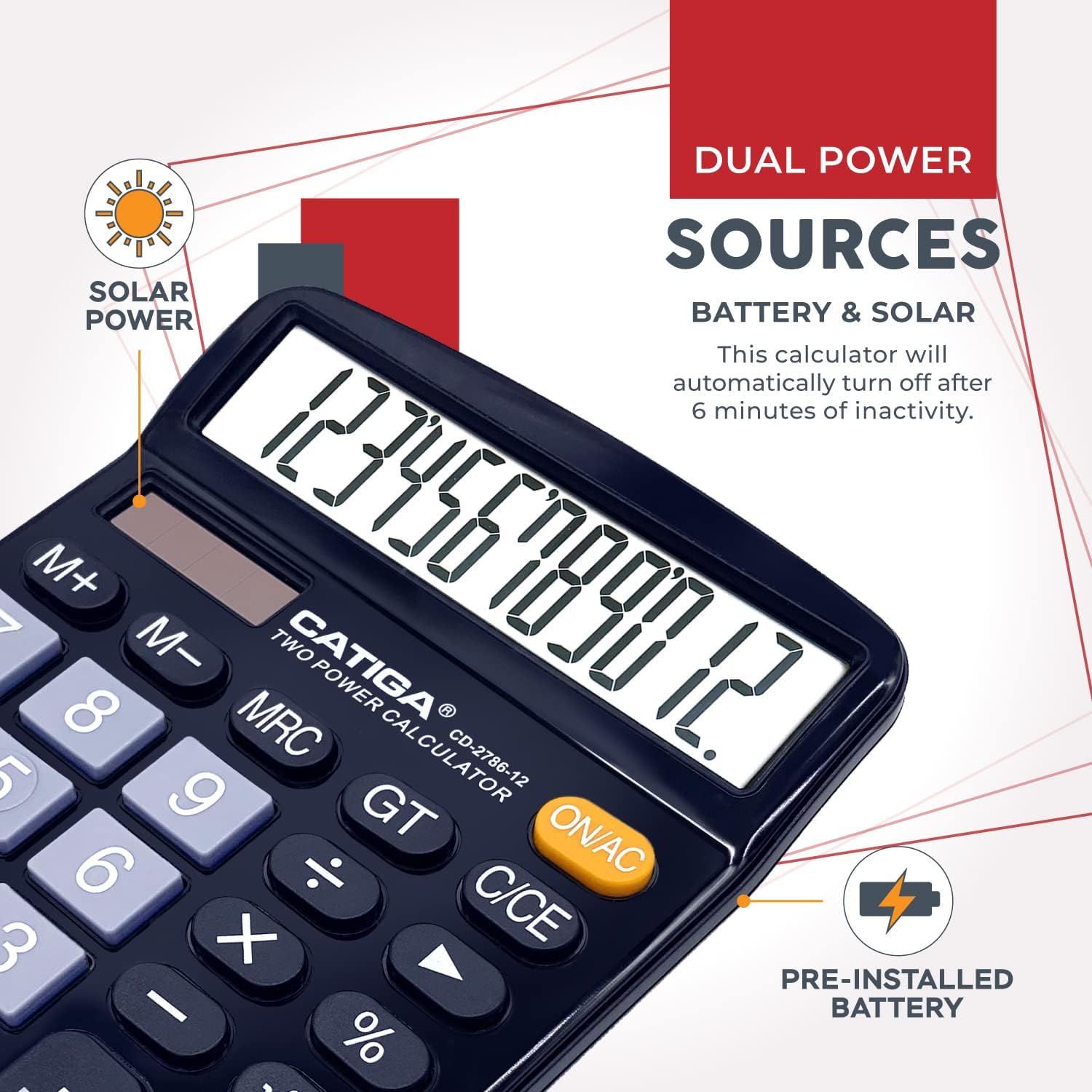 CATIGA 12 Digit Desk Calculator, Desktop Calculators with Large LCD Display & Big Buttons, Basic Simple 4 Function Solar Calculator, Dual Power Solar & Battery for School, Office & Home (CD-2786)