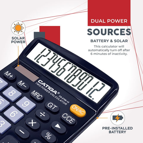 CATIGA 12 Digit Desk Calculator, Desktop Calculators with Large LCD Display & Big Buttons, Basic Simple 4 Function Solar Calculator, Dual Power Solar & Battery for School, Office & Home (CD-2786)