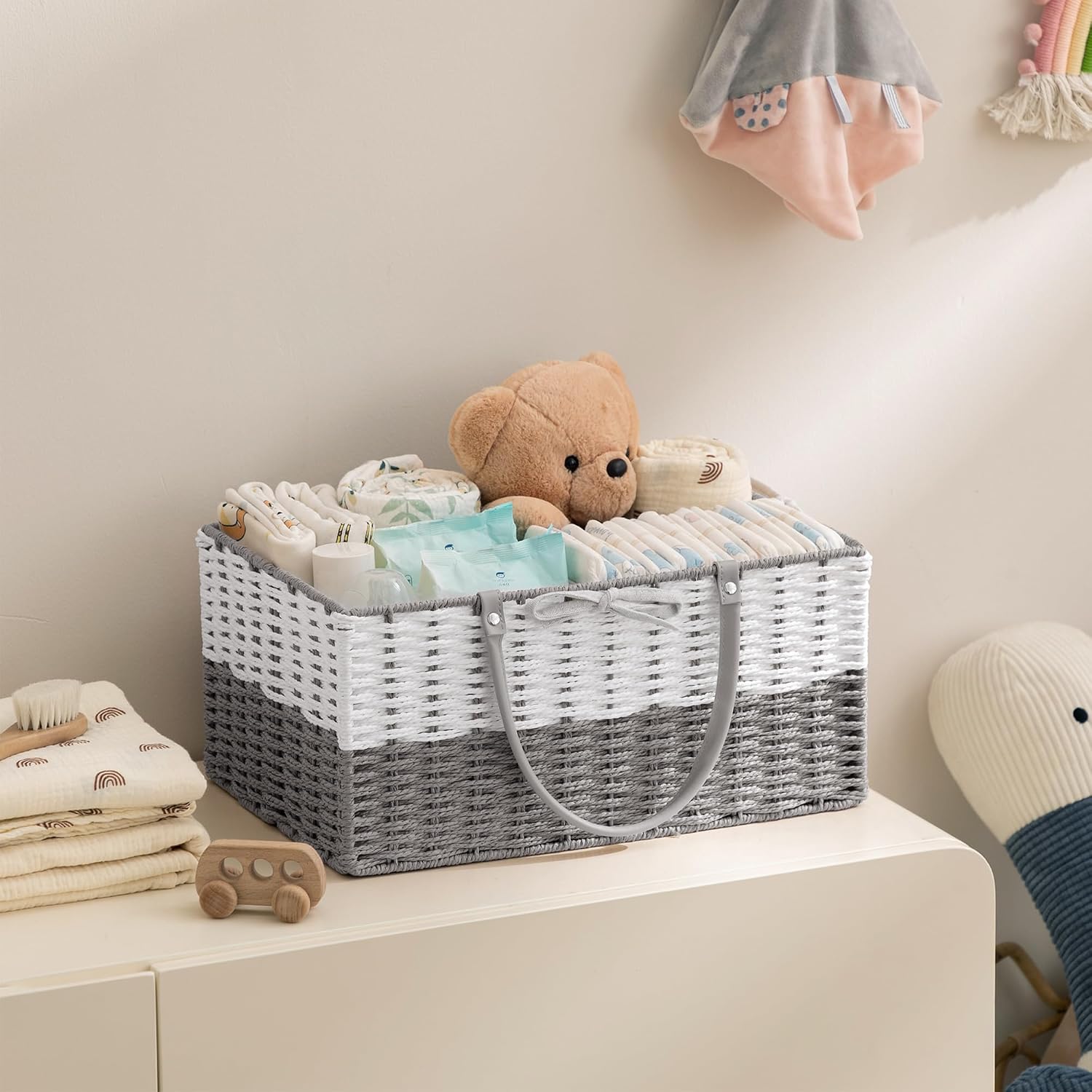 HBlife Large Baby Diaper Caddy Organizer, Paper Rope Storage Baskets Nursery Bin with Removable Divider, Portable Car Organizer for Diapers, Baby Shower Gifts, Newborn Essentials Must Haves