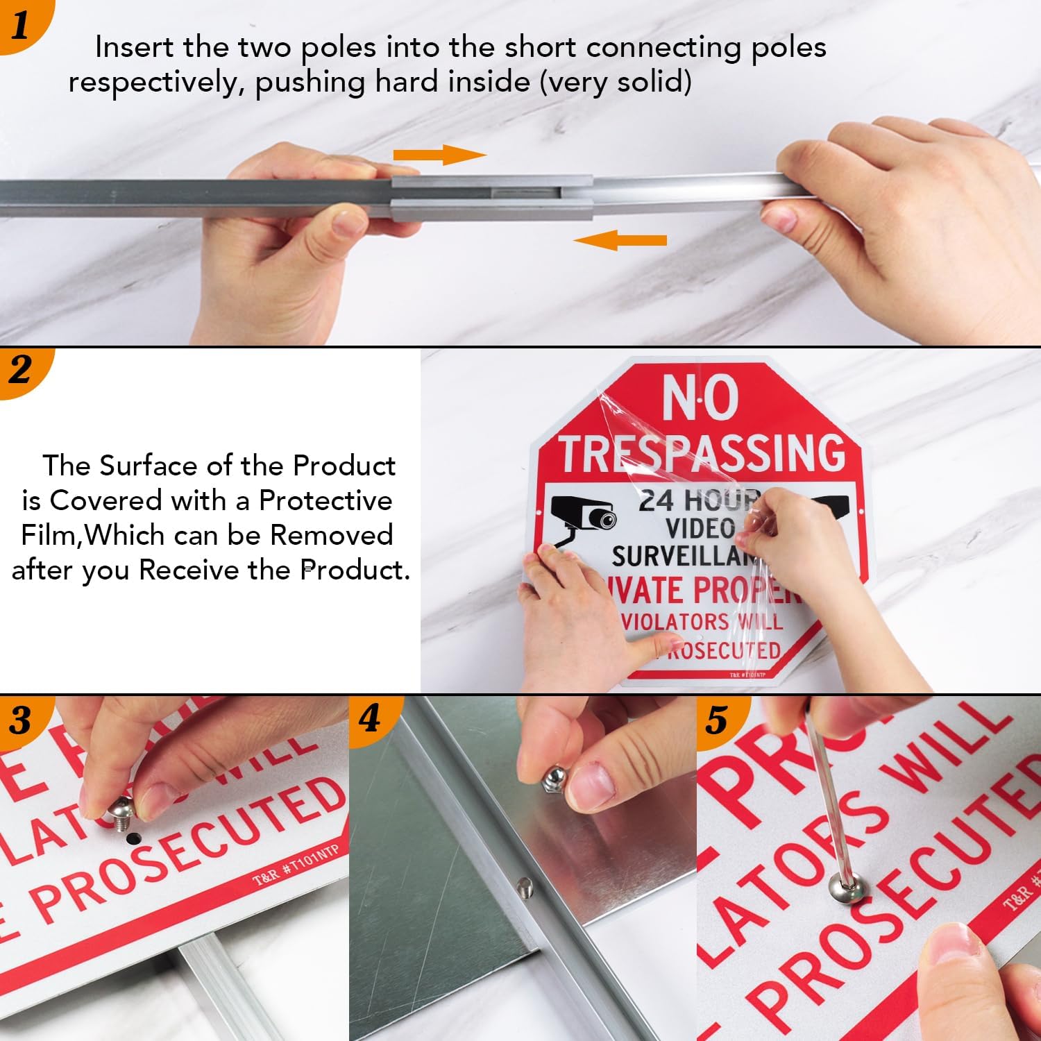 T&R Large No Trespassing Private Property Sign Video Surveillance Sign with 36" Stake for Outside - 4 Pack - 12"x12" .040 Rust Free Heavy Aluminum, Reflective, Waterproof, Weatherproof, 4 pre-drilled holes,Includes Matching Screws & Wrench, Easy to Mount