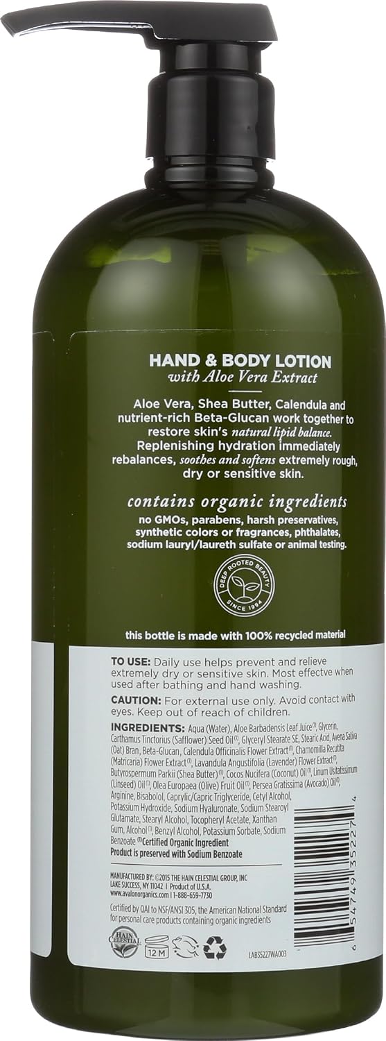 Avalon Organics Hand & Body Lotion, Aloe Unscented, 32 Oz