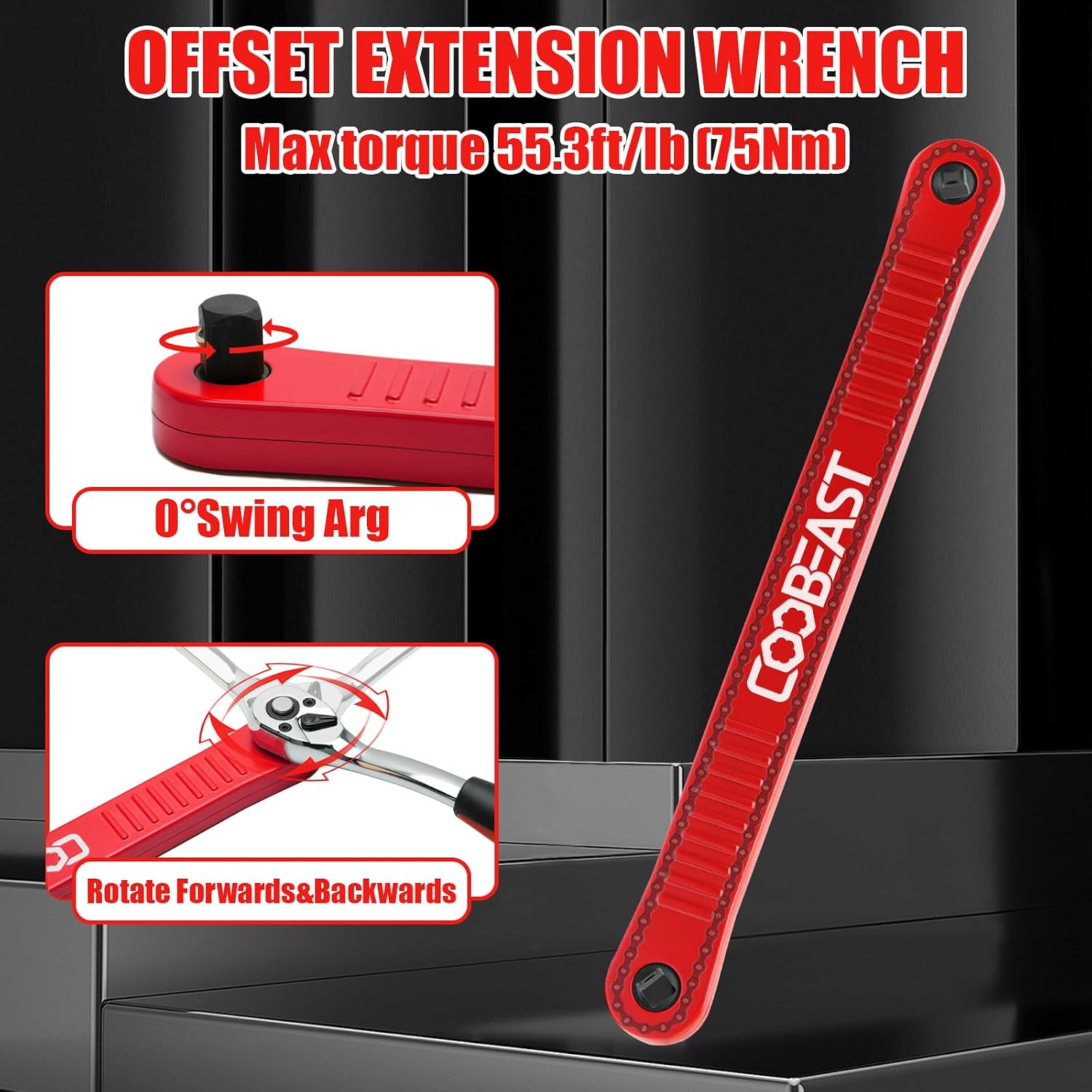 3/8" Offset Extension Wrench Impact Ready Socket Wrench Extender Tool（Red）