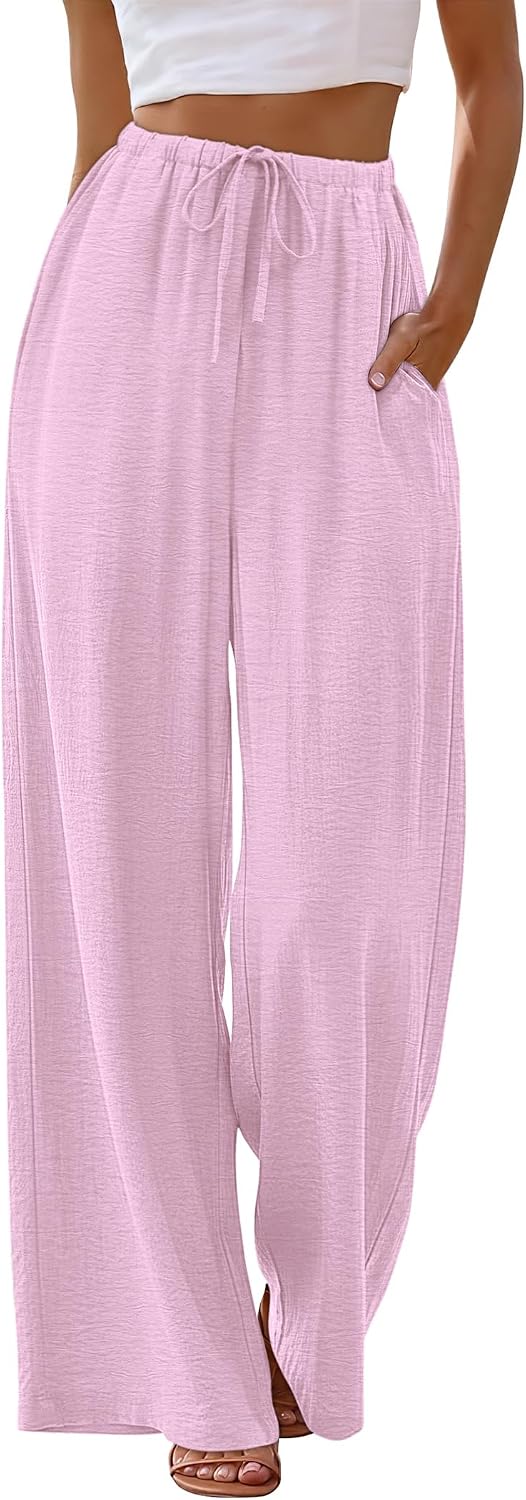 Sampeel Wide Leg Pants for Women Flowy Palazzo Drawstring Elastic Waist Trousers with Pockets Summer Beach Vacation Clothes