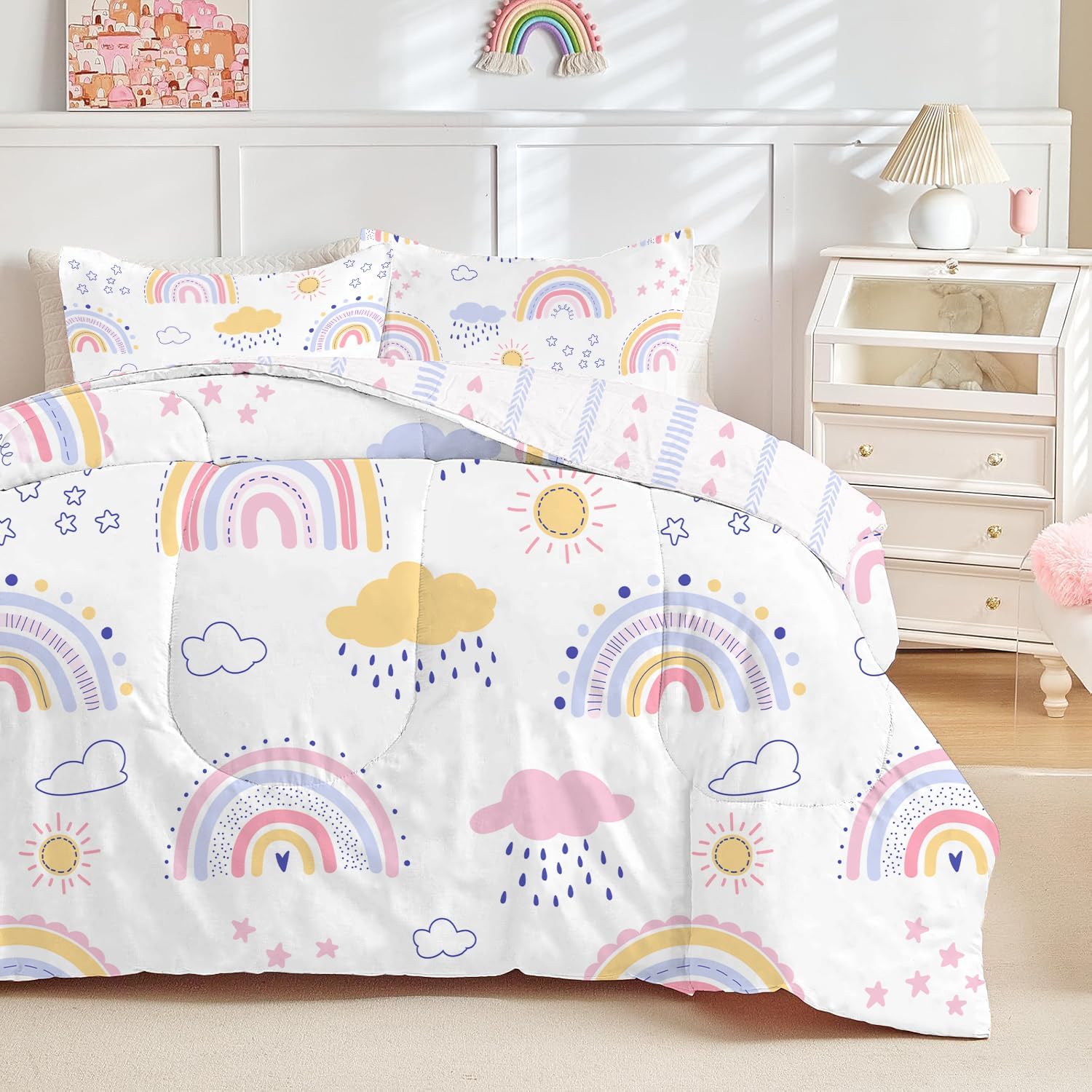 White Rainbow Comforter Twin XL/Twin Duvet Insert, Lightweight Stars Bedding Comforters for All Season, Soft Clouds Cute Bedding Set - 1 Reversible Twin Comforter + 2 Pillowcases