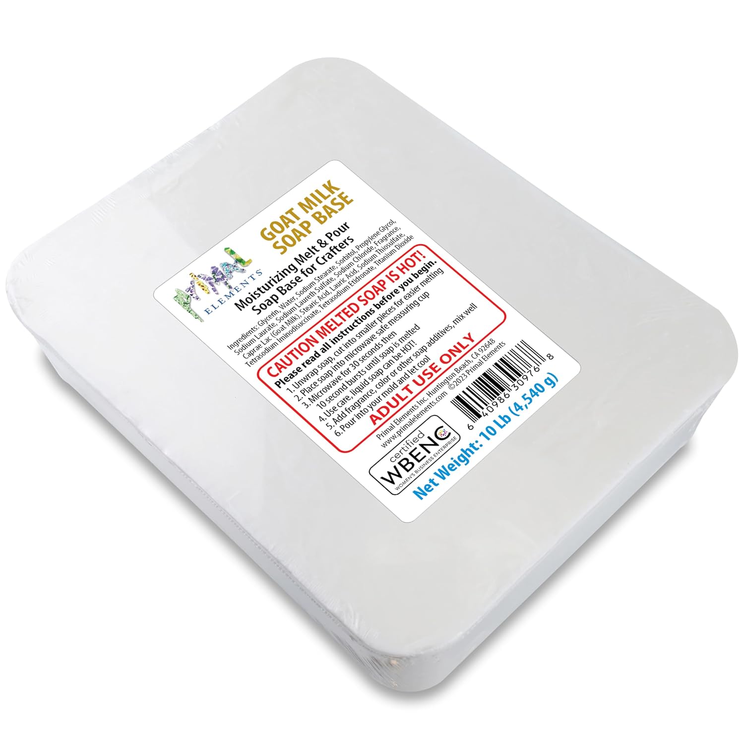 Primal Elements Goat Milk Soap Base - Moisturizing Melt and Pour Glycerin Soap Base for Crafting and Soap Making, Easy to Cut - 10 Pound