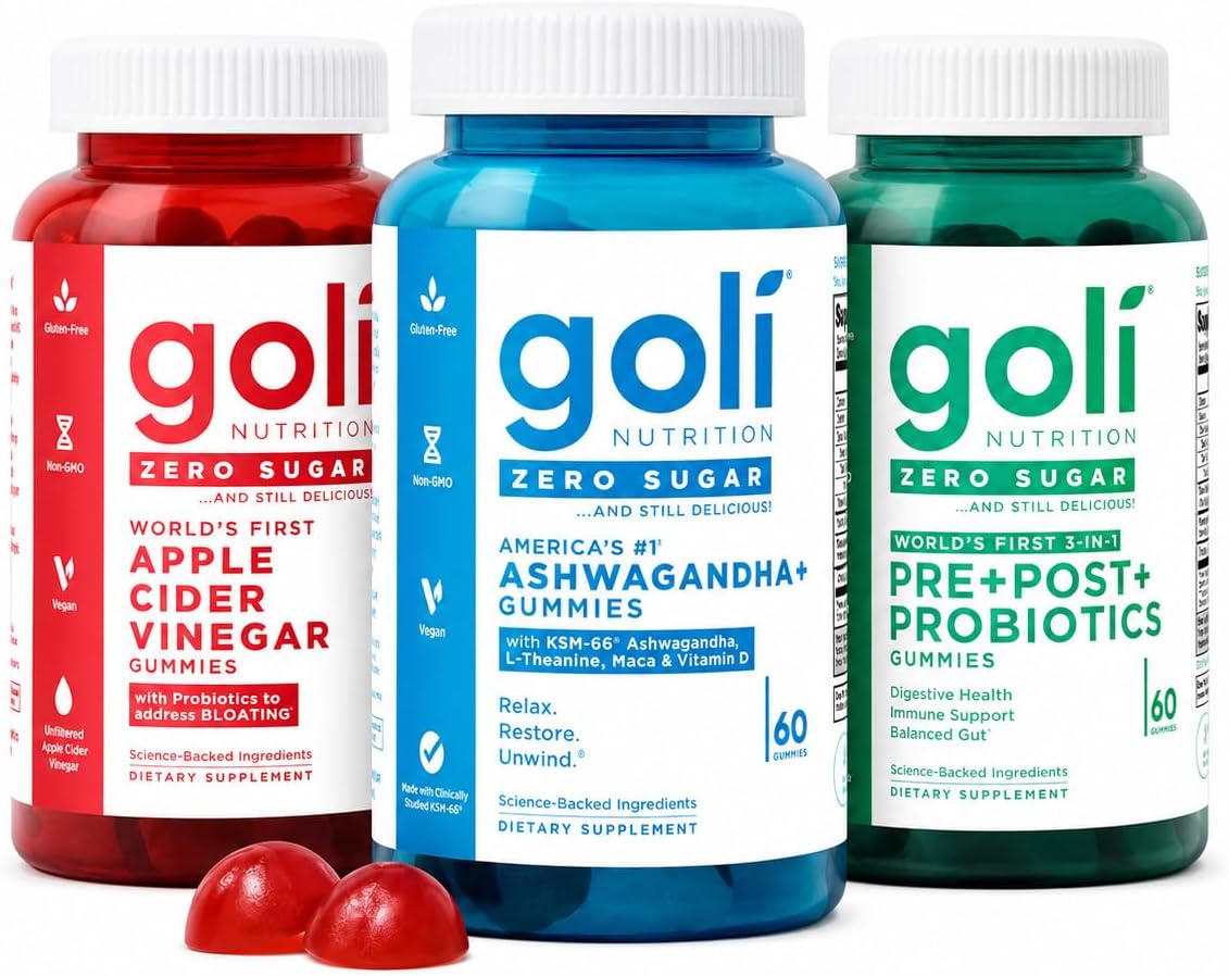 Goli Zero Sugar Trio - World's First 3-in-1 Pre, Post, Probiotic, Apple Cider Vinegar with Vitamin B12 and Probiotics, Ashwagandha & L-Theanine, Vitamin D Gummies, 180 Count (3-Bottle Set)