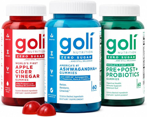 Goli Zero Sugar Trio - World's First 3-in-1 Pre, Post, Probiotic, Apple Cider Vinegar with Vitamin B12 and Probiotics, Ashwagandha & L-Theanine, Vitamin D Gummies, 180 Count (3-Bottle Set)