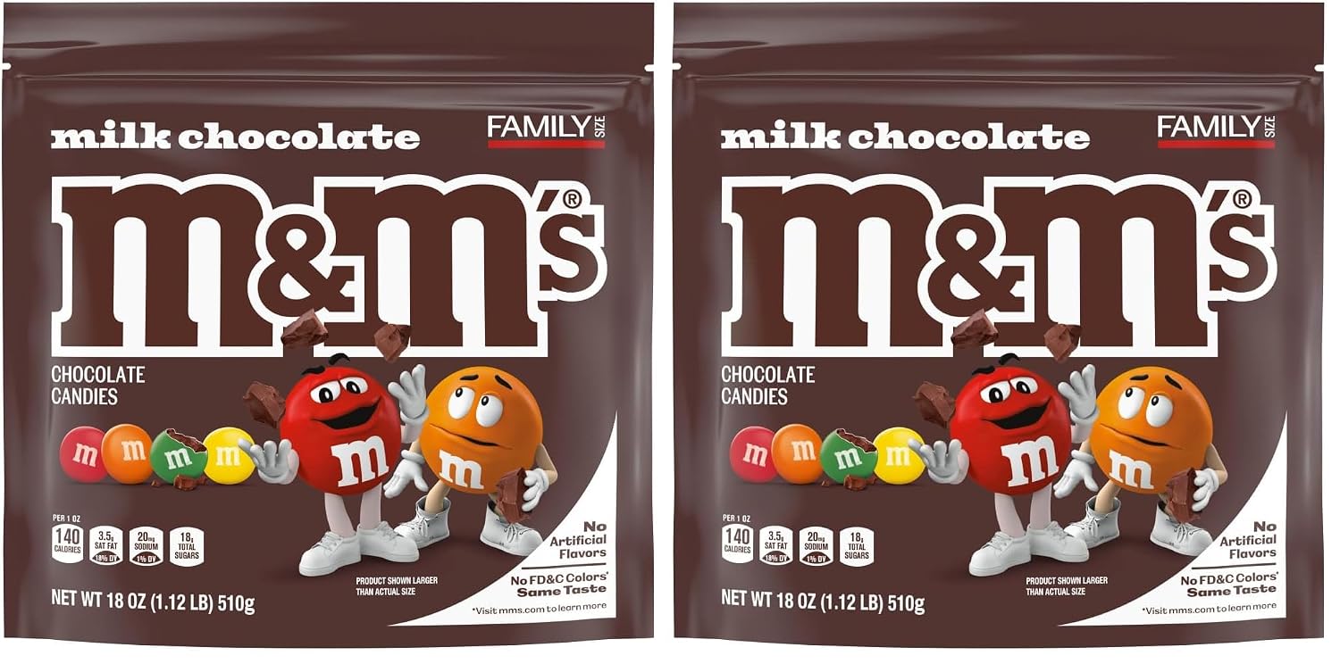 M&M'S Chocolate Candy No Artificial Flavor, No FD&C Color, Family Size 18Oz (Pack of 2)