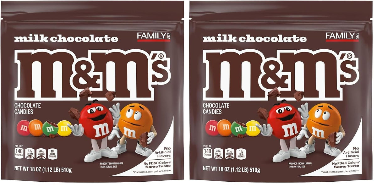 M&M'S Chocolate Candy No Artificial Flavor, No FD&C Color, Family Size 18Oz (Pack of 2)