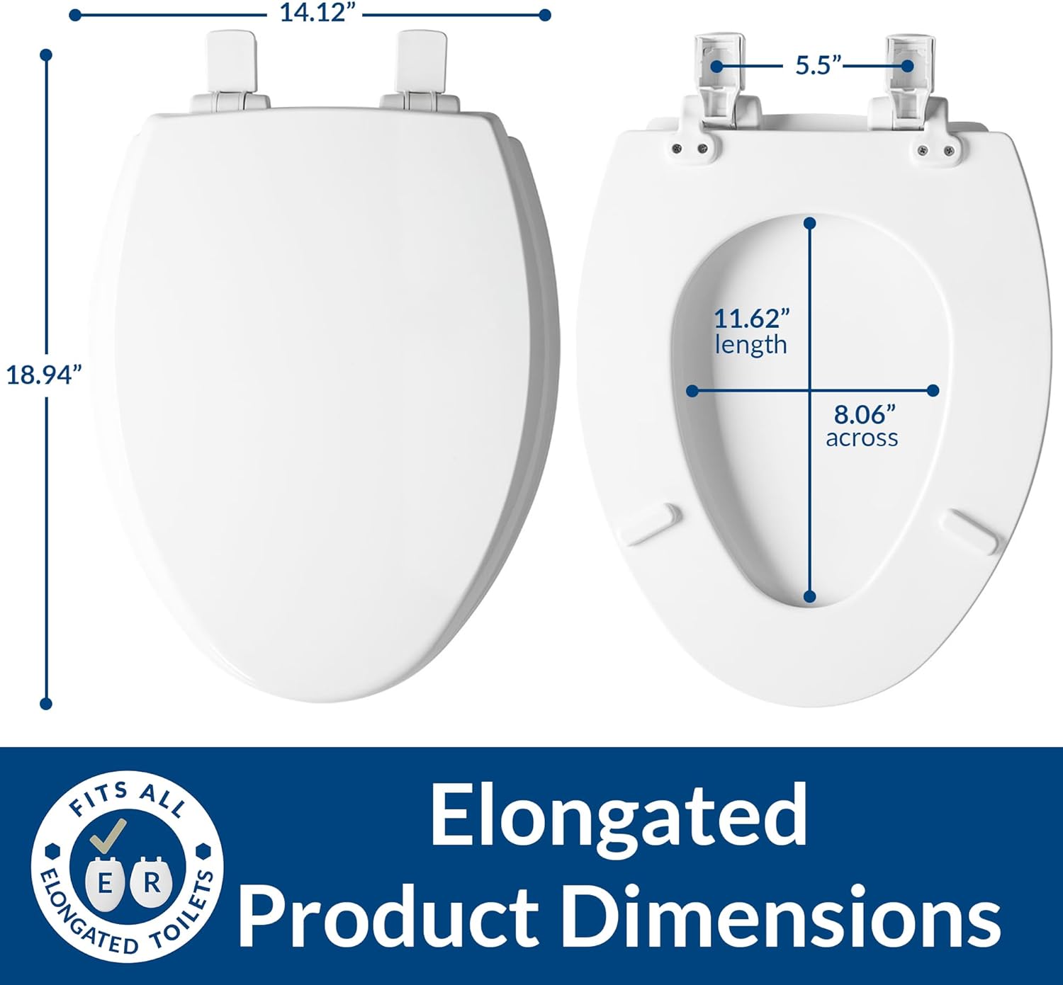 Mayfair Cassel slow close toilet seat, easy clean non-slip premium wood seat, install, made in USA, elongated, white