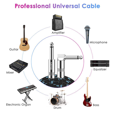 10FT 2 Pack Instrument Cable - Electric & Bass Guitar, Keyboard, AMP Cord - 1/4 Inch Right Angle Black & Blue