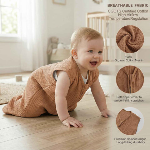 BSTOPPT 2 Pack Baby Sleep Sack 12-18 Months 100% Organic Cotton Muslin Baby Sleeping Bag 2-Way Zipper Wearable Blankets TOG 0.3 (Beige & Khaki, Large)
