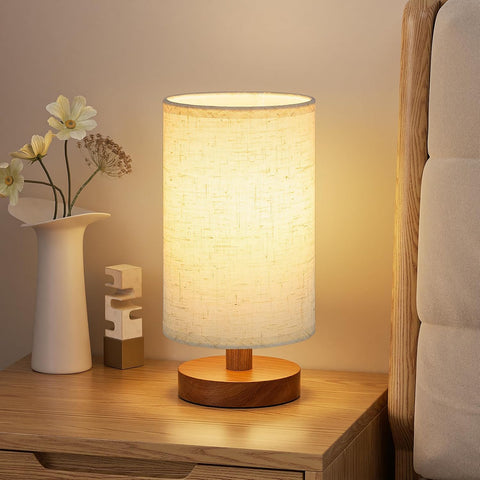 Fenmzee 8.5" Small Lamp for Bedroom - Light Beige Shade & Walnut Base