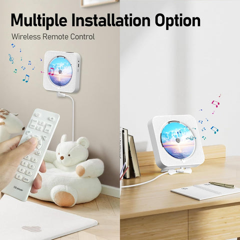 MICOCIOUS Bluetooth Portable Home CD Music Player with Remote Control, Timer, Built-in Speakers and LED Display - FM Radio Boombox (White)