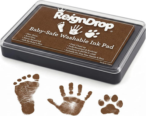 ReignDrop Baby Ink Pad for Hand and Footprints, Non-Toxic Acid-Free Keepsake Kit, Smudge-Proof Archival Ink Wipes Off Skin, for Scrapbook, Photo Album, Frames & Pet Paws, Baby Gift (Brown)