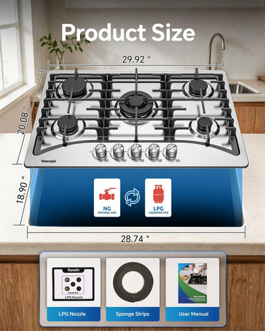 Vancepic 30 Inch Gas Cooktop, 5 Burners Stainless Steel Propane Stove Top