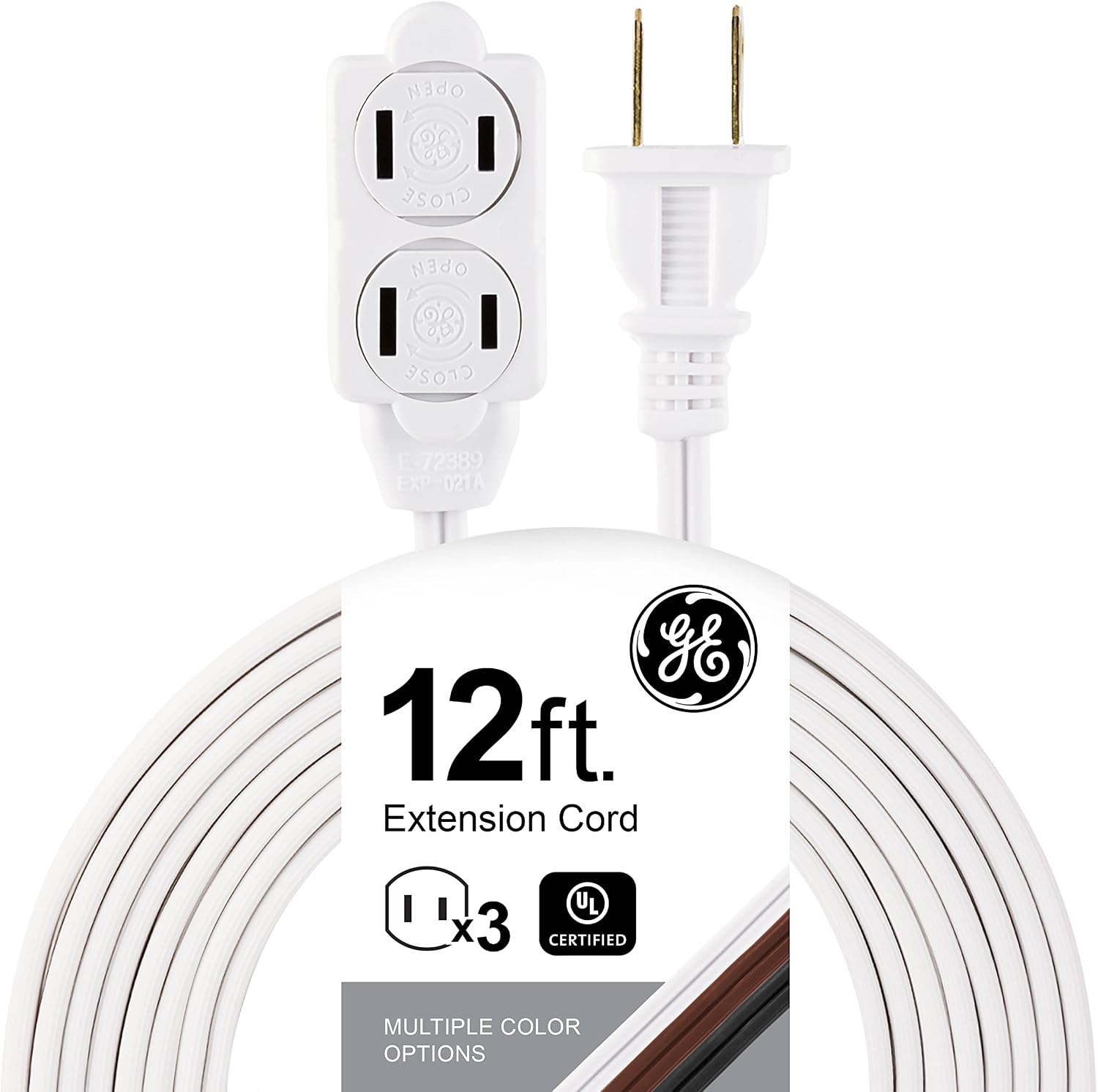 GE 12 Ft Extension Cord, 3 Outlet Power Strip, 2 Prong, 16 Gauge