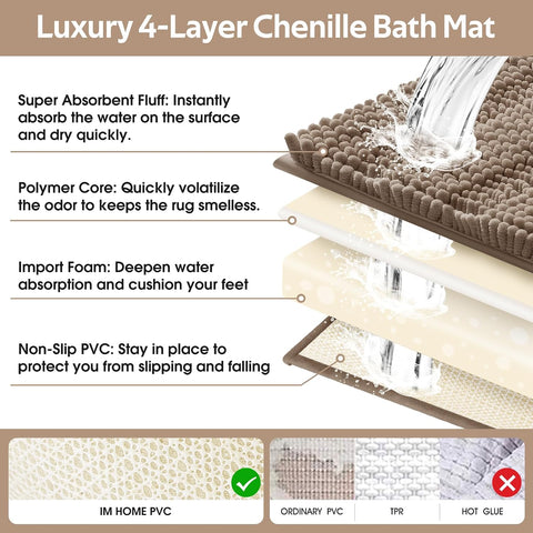 ACCUMTEK Striped Dark Beige Toilet Bathroom Rug Mat 24" x 20" Contour Rug Ultra Soft, Non Slip Chenille Bath Rugs, Absorbent Plush Shaggy Bath Mats for Bathroom, Bedroom, Kitchen, Shower, Tub,Taupe