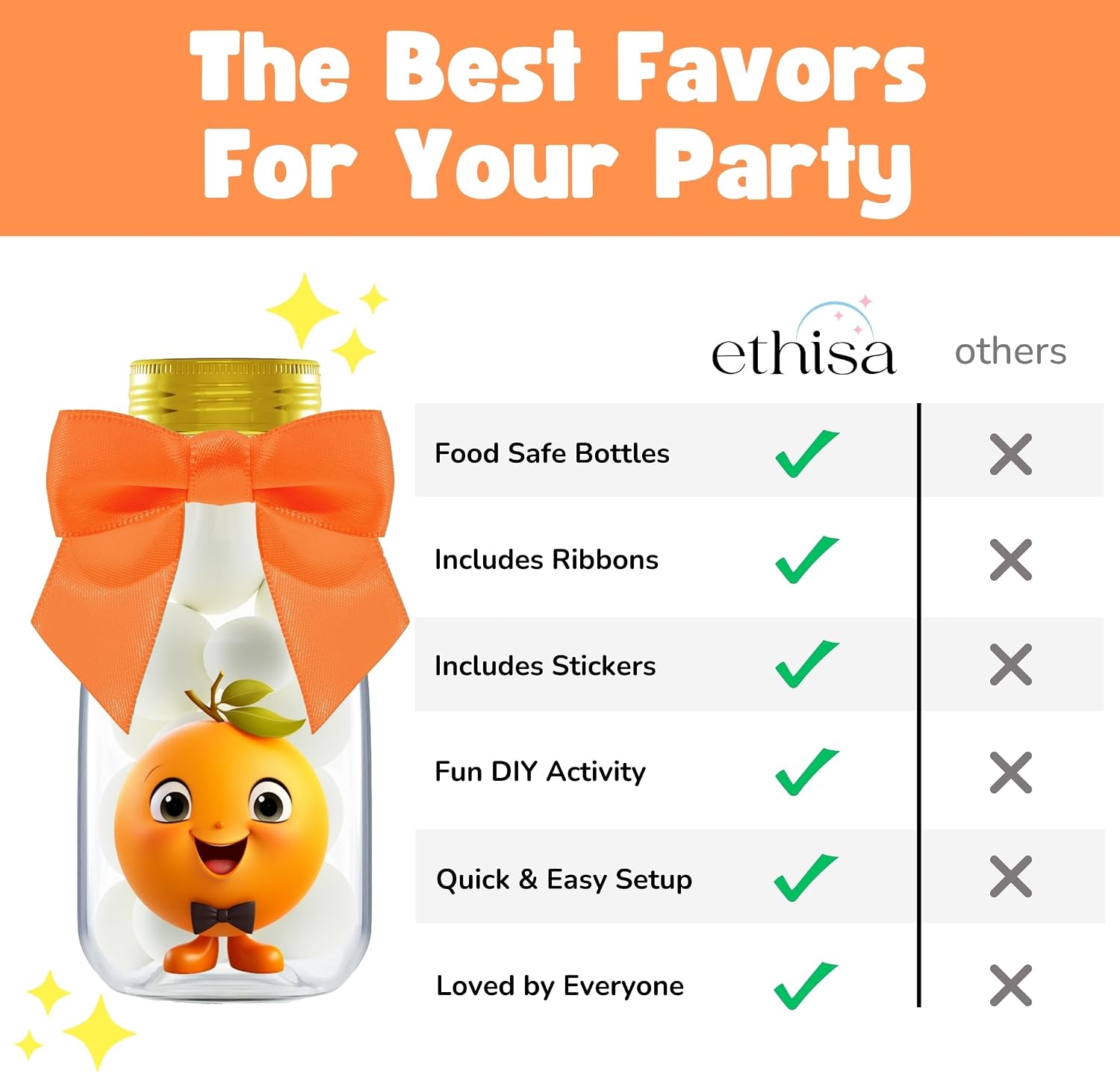 Ethisa Small 12 Pack Little Cutie Baby Shower Party Favors - Candy Jars with Ribbons and Stickers - DIY Party Decoration Bottles for Little Cutie is on the Way Gender Reveal - Orange Table Centerpiece