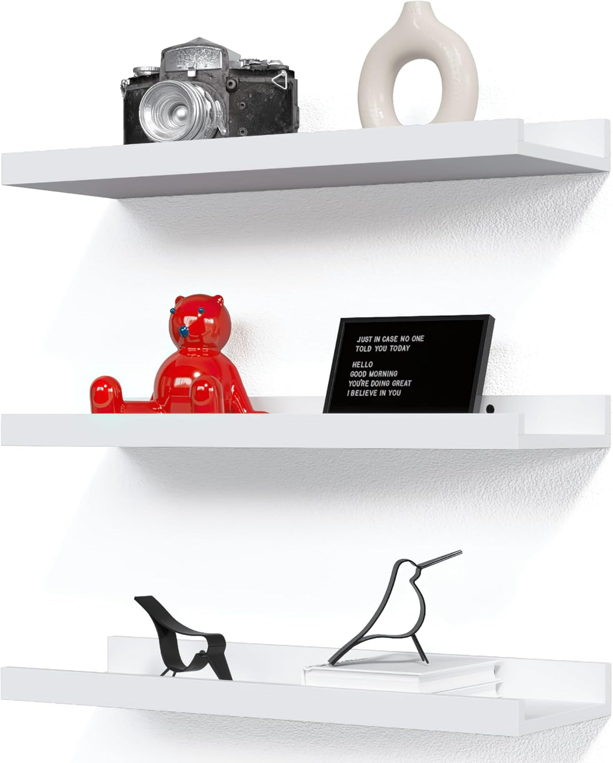 RICHER HOUSE 3-Set Floating Shelves with Lip, White Small Wall Shelf, 16In