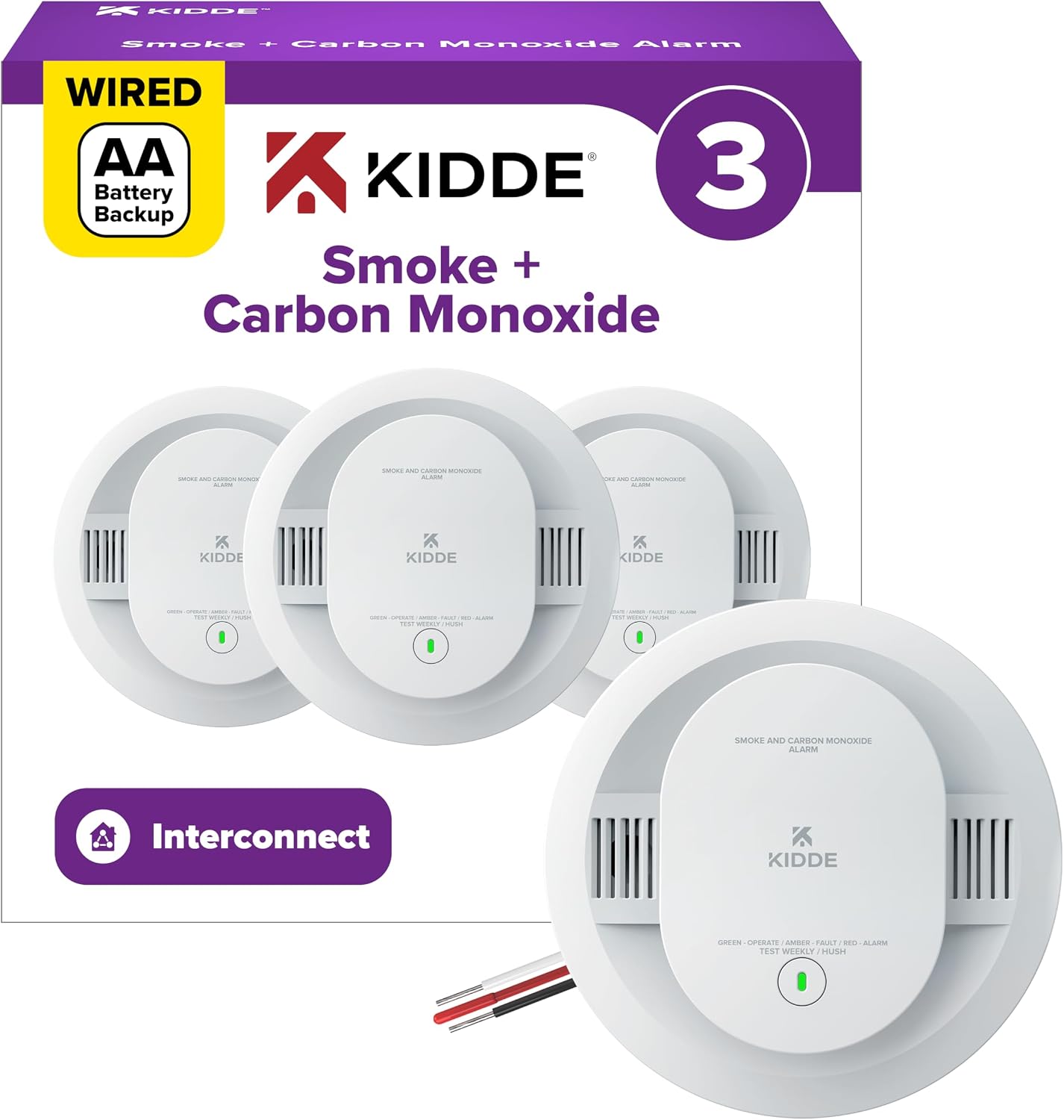 Kidde Smoke & CO Detector, Hardwired & AA Battery Backup, 30CUAR, 3 Pack