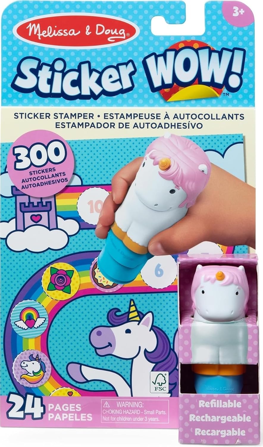 Melissa & Doug Sticker Wow!™ 24-Page Activity Pad and Sticker Stamper, 300 Stickers, Arts and Crafts Fidget Toy Collectible Character – Unicorn Creative Play Travel Toy for Girls and Boys 3+