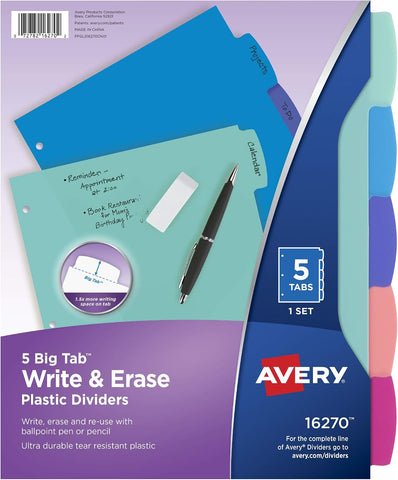 Avery Big Tab Write & Erase Dividers, 5-Tab, Pastel, 1 Set
