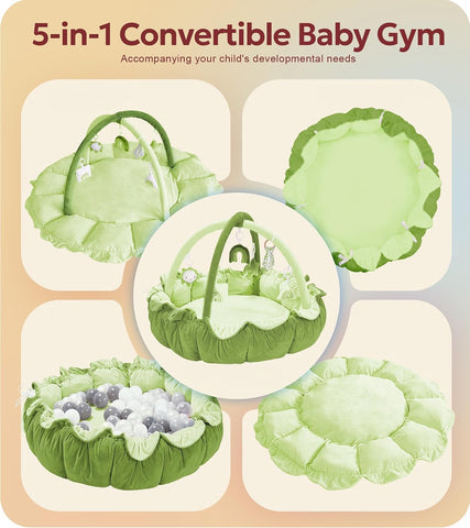 5-in-1 Thick & Plush Baby Play Gym, Baby Play Mats for Floor, Tummy Time Mat with 6 Toys, Convertible Stage-Based Developmental from Babies to Toddlers, Ball Pit, Green