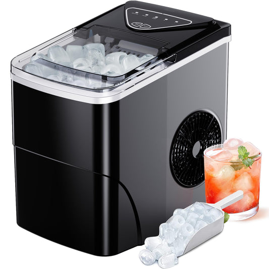 Silonn Ice Makers Countertop, 9 Cubes Ready in 6 Mins, 26lbs in 24Hrs, Self-Cleaning Ice Machine with Ice Scoop and Basket, 2 Sizes of Bullet Ice for Home Kitchen Office Bar Party, Black