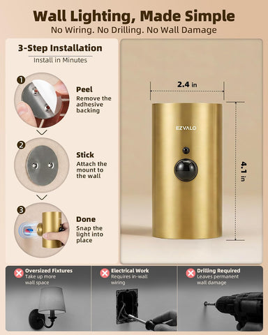 EZVALO Motion Sensor Wall Sconces, Gold Rechargeable Wall Decor