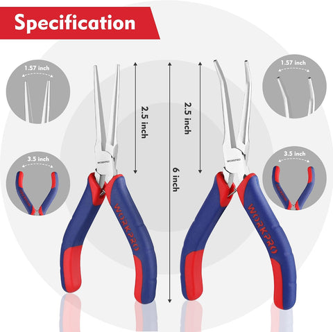 WORKPRO 2-Piece 6" Mini Needle Nose Pliers Set(Smooth Jaw), Long Nose Pliers, Bent Nose Pliers with Comfort Grip Handles, Jewelry Plier For Wire Wrapping, Handmade Craft, Jewelry Making, 6" 2PCS