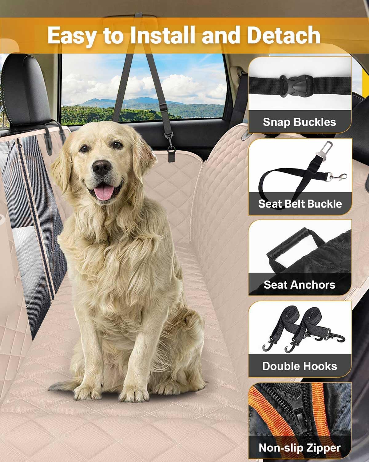 Victoper Dog Car Seat Cover, 600D Heavy Dute Car Seat Cover for Dogs Pets, 100% Waterproof Anti-Scratch Nonslip Dog Hammock for Cars, Seat Covers Protector with Seatbelt for Sedan SUV Truck XL Khaki