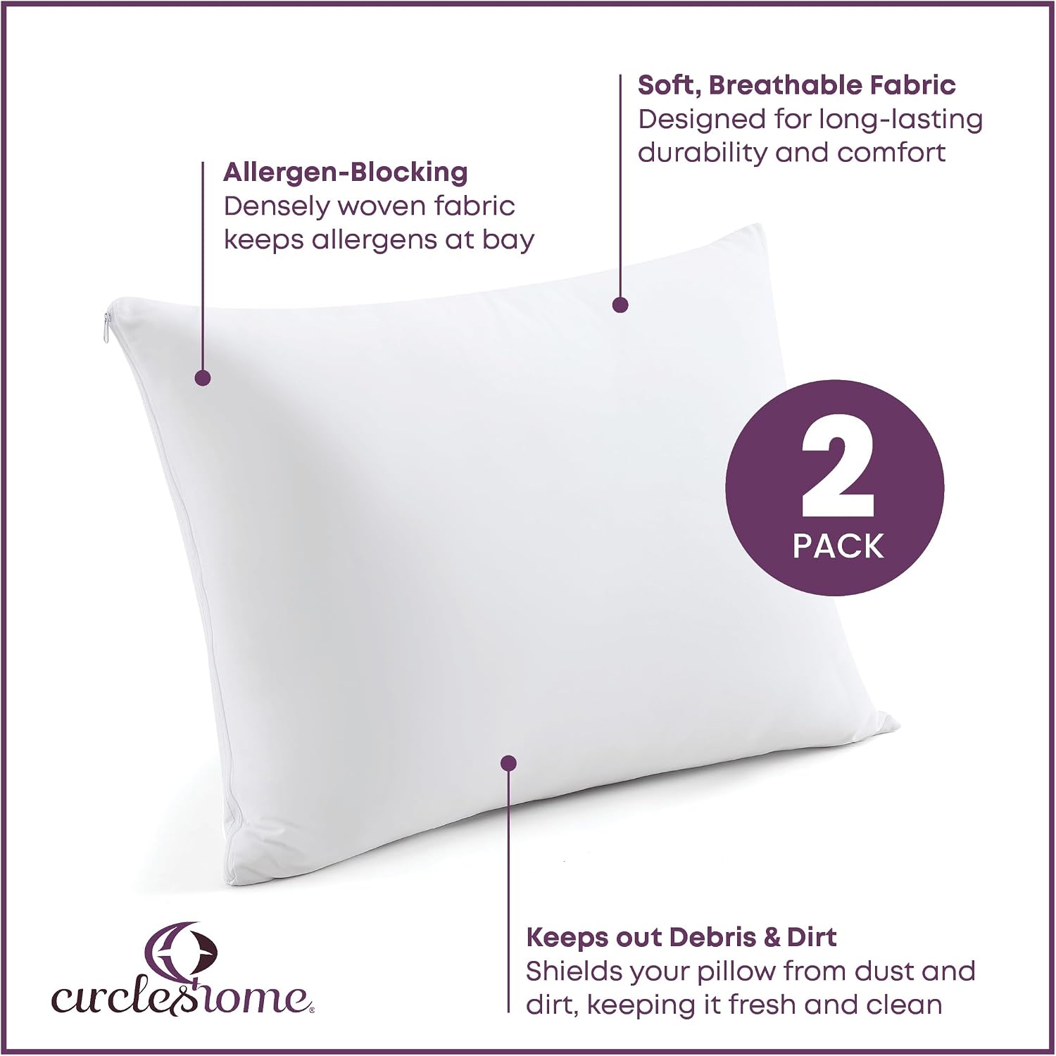 CirclesHome Pillow Protectors King Size Set of 2 with Zipper, 100% Cotton