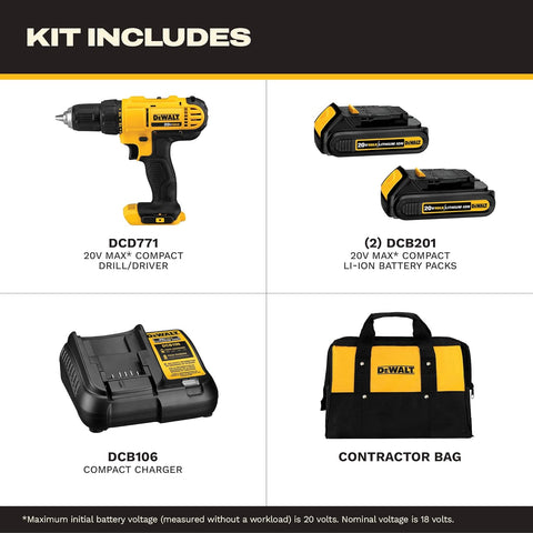 DEWALT 20V Max Cordless Drill Driver Set, 2 Speed, High Performance Motor, Includes 2 XR 1.3Ah Li-Ion Batteries, Charger and Contractor Bag (DCD771C2)