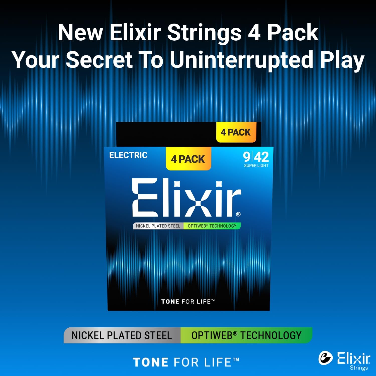 Elixir Strings, Electric Guitar Strings, Nickel Plated Steel with OPTIWEB Technology, Longest-Lasting Crisp Tone with Comfortable Feel, 4 Pack, Super Light 9-42