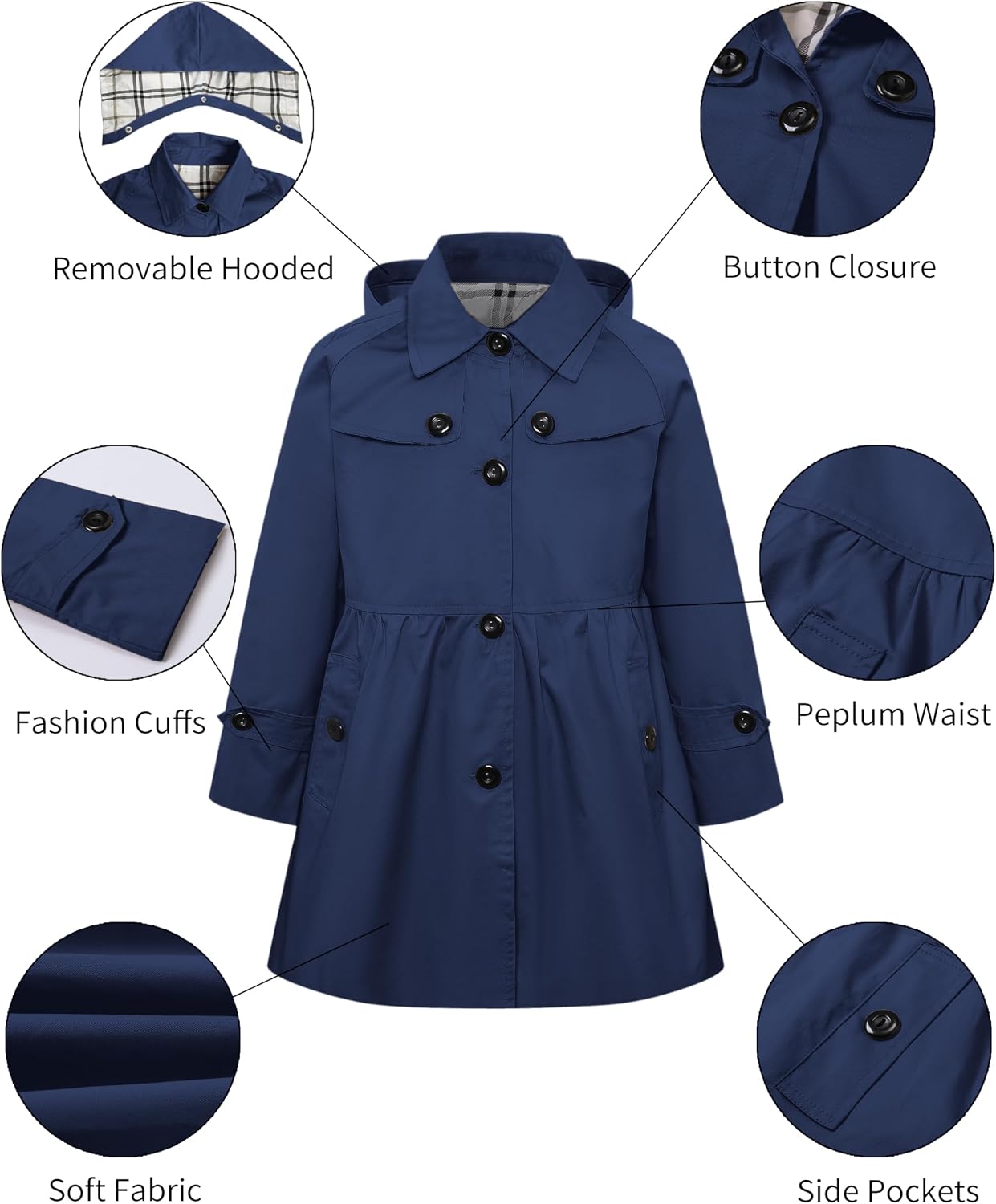Betusline Kids Girl's Rain Jackets Waterproof Hooded Trench Coat Raincoats