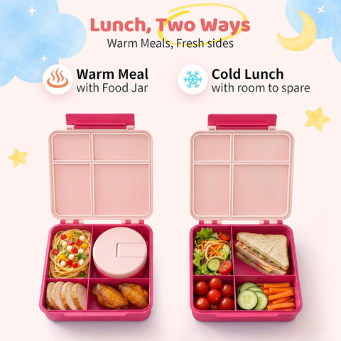 Pawtong Bento Lunch Box with 8oz Soup Thermo, Kids Leakproof Lunch Food Containers with 4 Compartment, Kids Thermo Insulated Hot Food Jar for School, Trvael - (Pink)