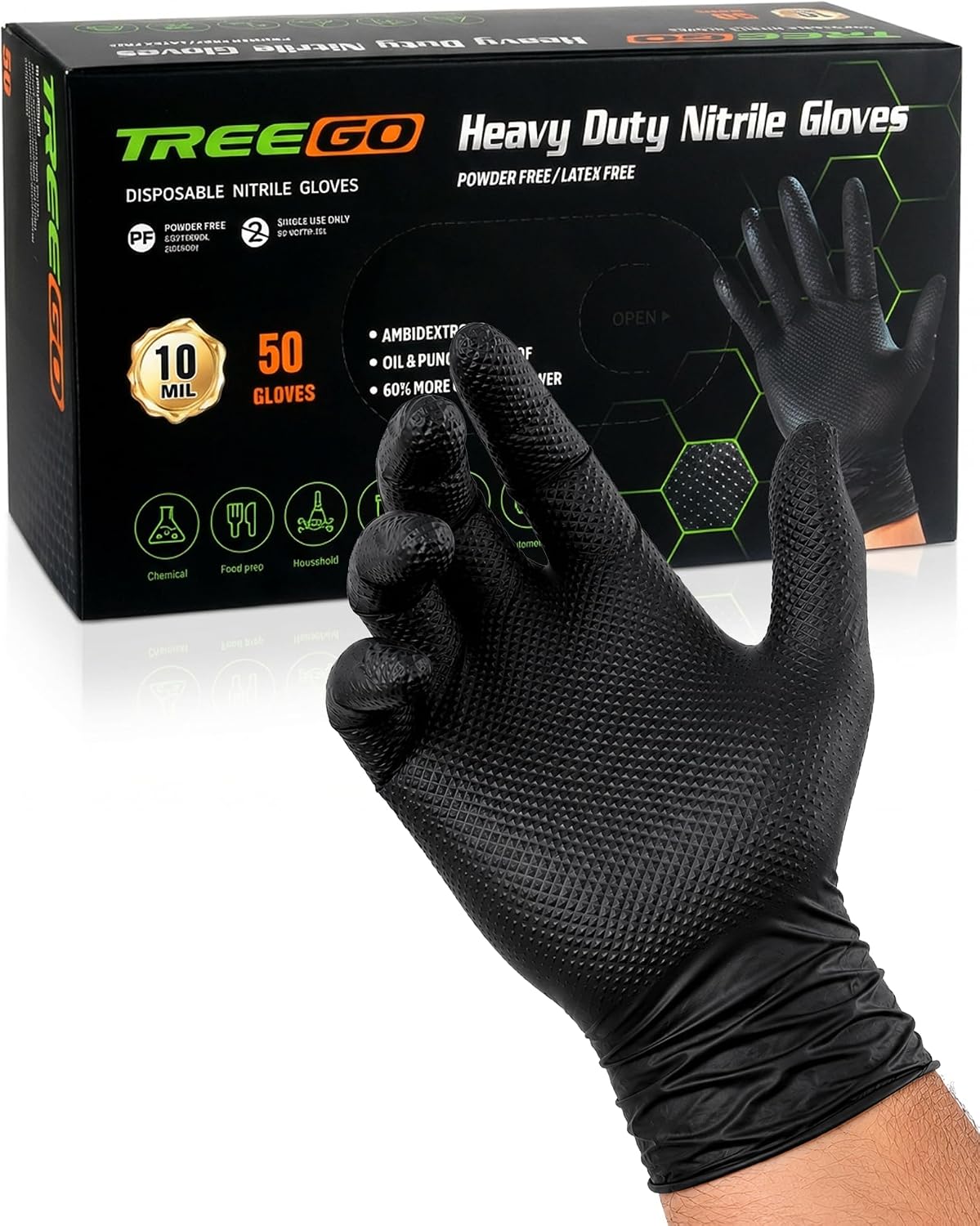 TREEGO 10 Mil Heavy Duty Black Nitrile Mechanic Gloves, 50 Count L