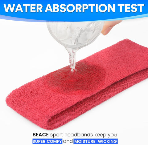 BEACE Sweatbands Sports Headband for Men & Women - Moisture Wicking Athletic Cotton Terry Cloth Sweatband for Tennis, Basketball, Running, Gym, Working Out