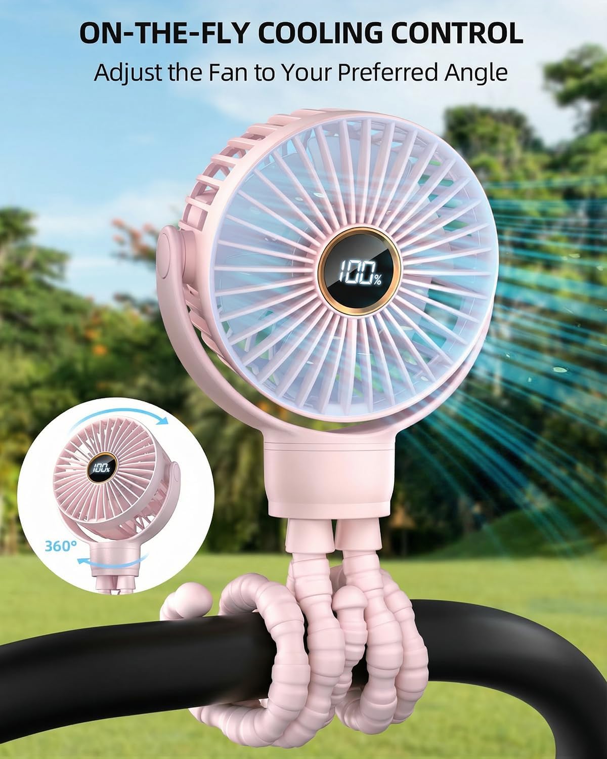 Portable Stroller Mini Fan, Small Rechargeable Personal Cooler w/ 360° Rotation, 3-Speed, Display, Battery Powered Stroller Accessories, Baby Essentials for Car Seat, Crib, Bike, Treadmill, Sakura